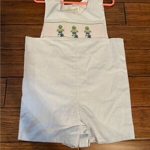 Secret Wishes Striped Blue Seersucker Kids One Piece Smocked Frog Soccerball